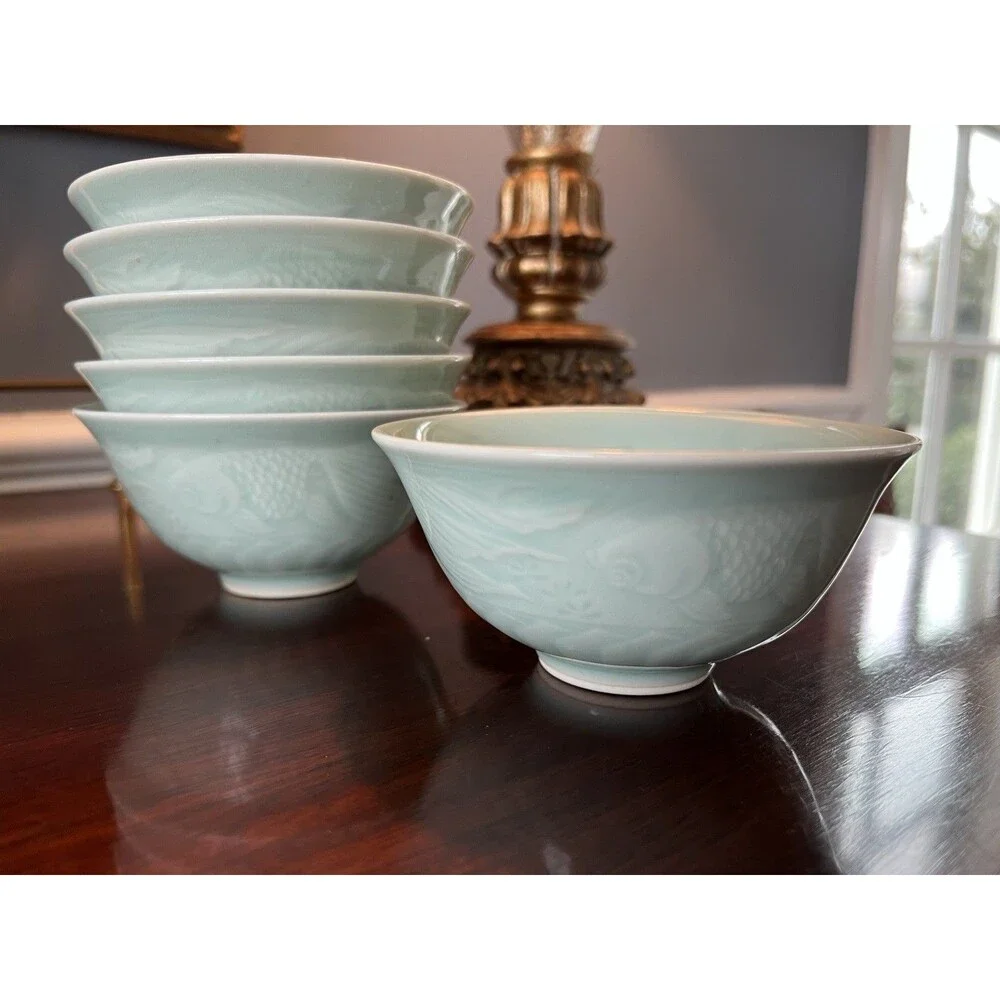 Longquan Celadon Koi Fish Rice Soup Bowls, Sauce Plates, Soup Spoons 18 Pieces